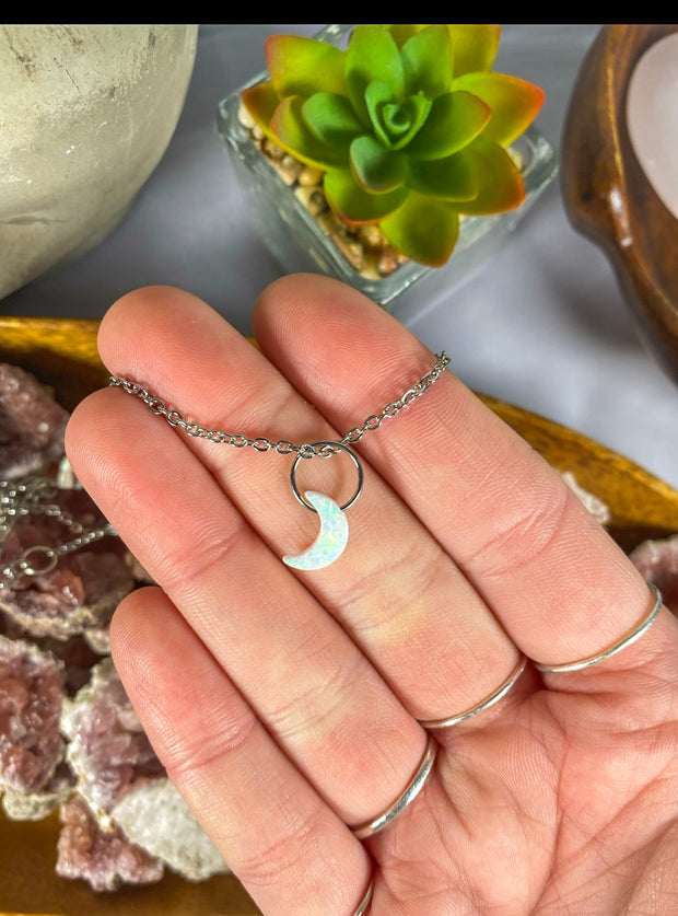 White Lab-Opal Crescent Moon Choker Necklace