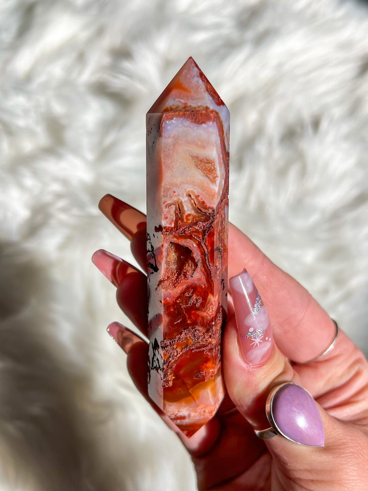 Carnelian Moss Agate Druzy Double Terminated Point #5