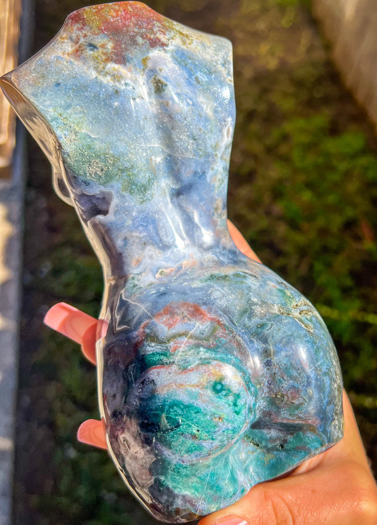 Ocean Jasper x Quartz x Banded Agate Goddess Statue | Druzy Sparkly Silhouette Crystal Self Standing Feminine Divine Carving Home Decor