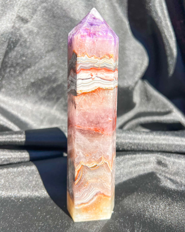 Purple Amethyst x Crazy Lace Agate Tower #4 | Sparkly Rainbow Crystal Self Standing Obelisk Home Decor Divine Energy