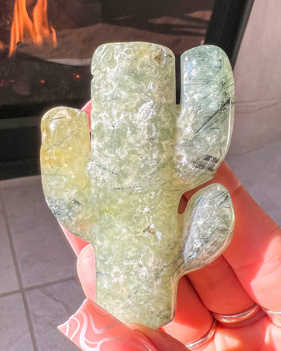 Prehnite x Black Tourmaline Cactus #2 | Cacti Crystal Self Standing Carving Home Decor Gemstone Desert Energy Rutile