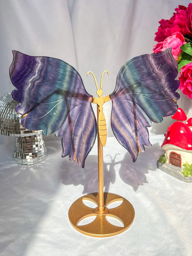 Rainbow Fluorite Butterfly Wings on Gold Stand Statement Statue