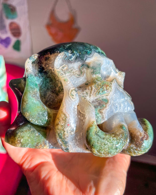 Moss Agate  Agate w/ Druzy Quartz & Banding Octopus Skull - Statement Crystal