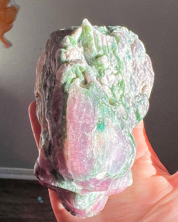 Pink + Green Tourmaline w/ Mica Sparkly Gemmy (Polished & Rough/Raw) Skull - Statement Crystal