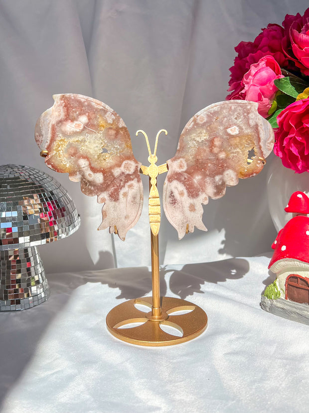 XL Druzy Pink Amethyst x Flower Agate Butterfly Wings on Gold Stand Statement Statue