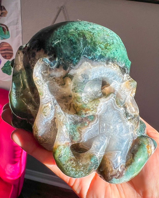 Moss Agate  Agate w/ Druzy Quartz & Banding Octopus Skull - Statement Crystal
