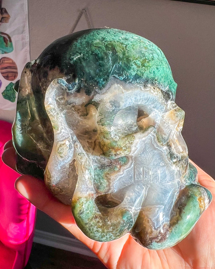 Moss Agate  Agate w/ Druzy Quartz & Banding Octopus | Druzy Sea Monster Unique Gothic |  Skull - Statement Crystal