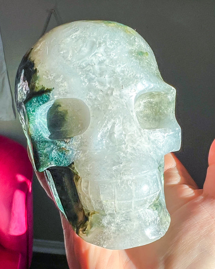 Moss Agate w/ Druzy Quartz Skull - Statement Crystal