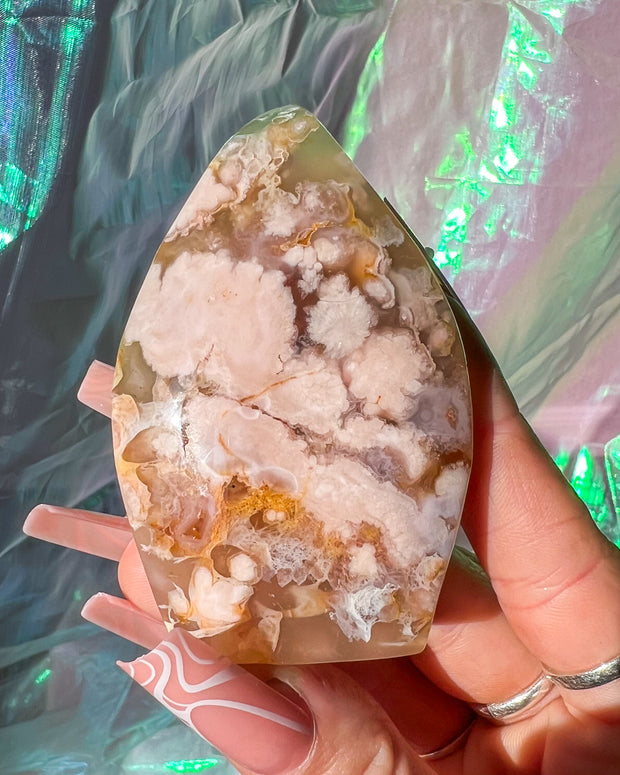 Flower Agate Freeform #6 | Druzy Crystal Self Standing Flame Home Decor