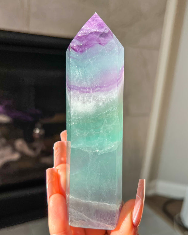 Green + Purple Fluorite Tower #2 | Sparkly Rainbow Candy Crystal Self Standing Obelisk Home Decor Glow