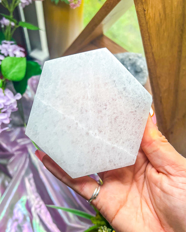 Satin Spar {Selenite} Hexagon Charging Plate ~ 4 inches