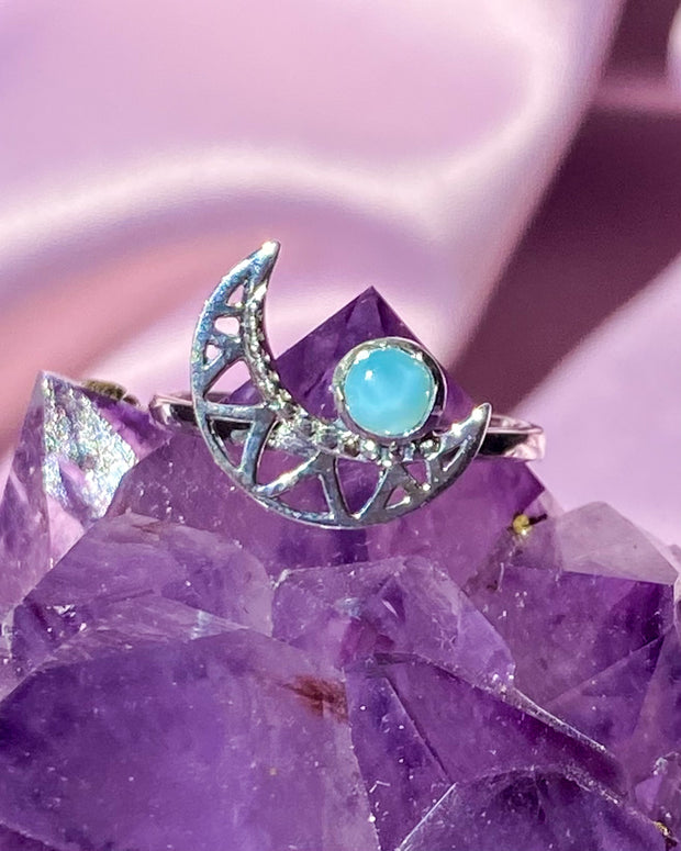Larimar Crescent Moon 925 Sterling Silver Ring | Unique Jewelry