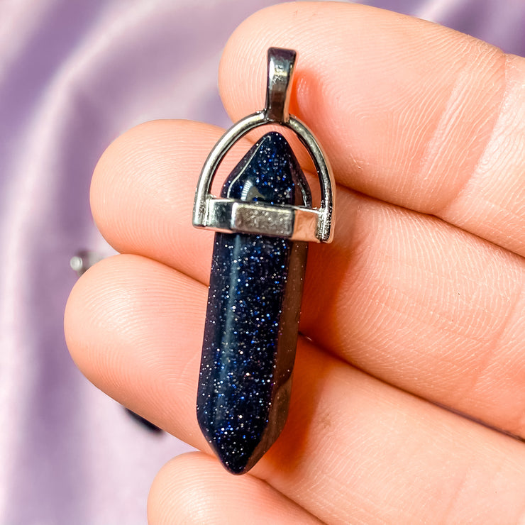 Blue Goldstone Double Terminated Pointed Silver Pendant