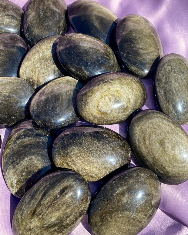 Golden Sheen Obsidian Palm Stones (Double Sided Flash)