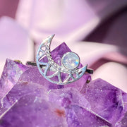 Rainbow Moonstone Flashy Crescent Moon 925 Sterling Silver Ring | June Birthstone Unique Jewelry