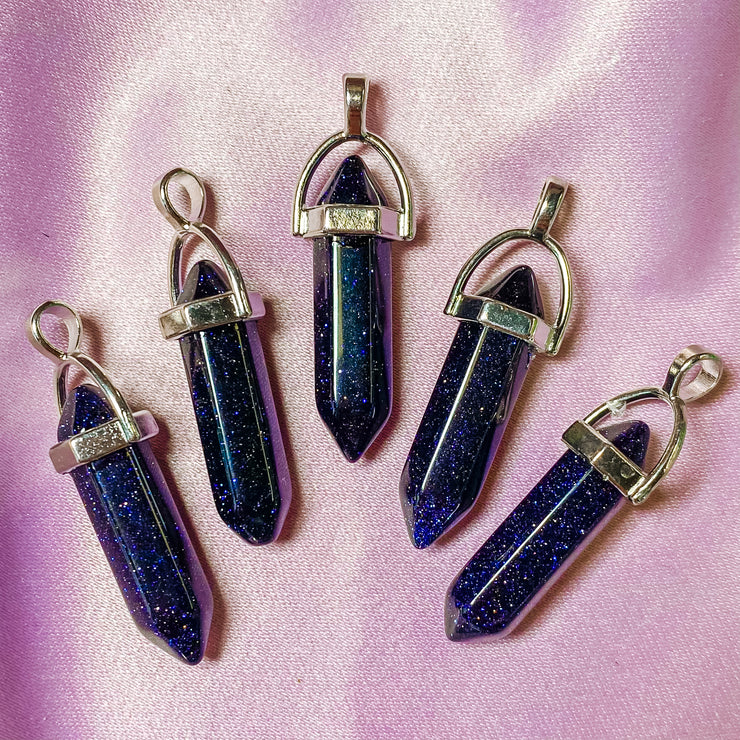 Blue Goldstone Double Terminated Pointed Silver Pendant