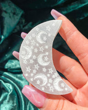 Satin Spar “Selenite” Etched {Starry Night} Moon