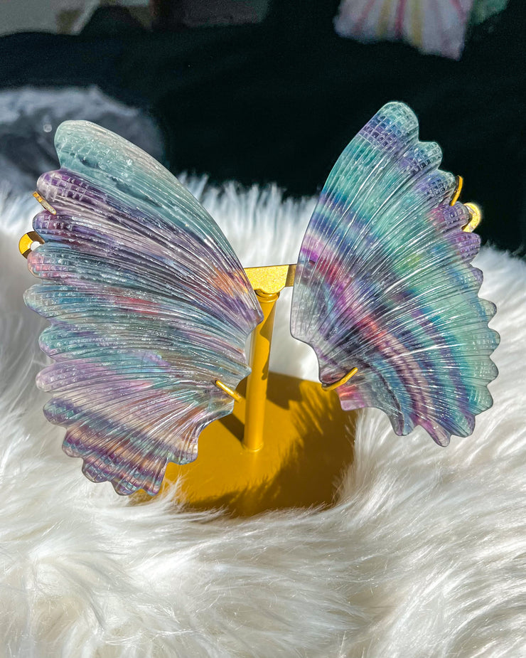 Rainbow Fluorite Angel Wings On Stand